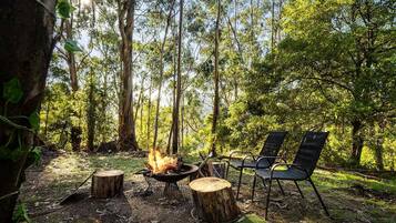 Ein Campingplatz mit Feuerstelle, zwei Stühlen und einer bewaldeten Umgebung.
