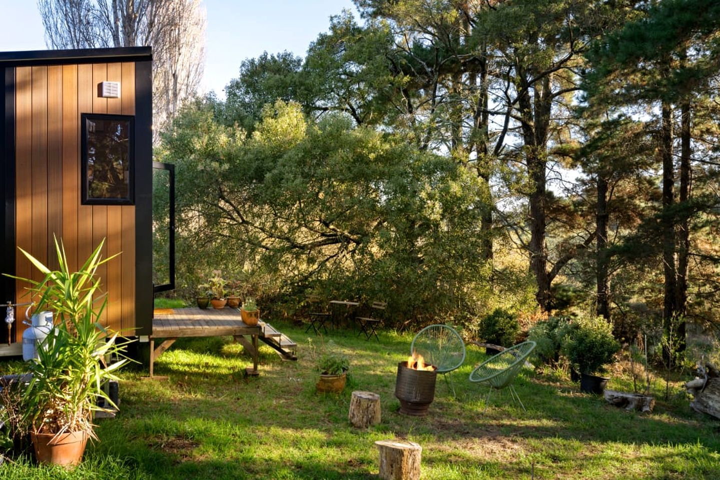 A wooden cabin with a deck, surrounded by a forested area with trees and greenery.