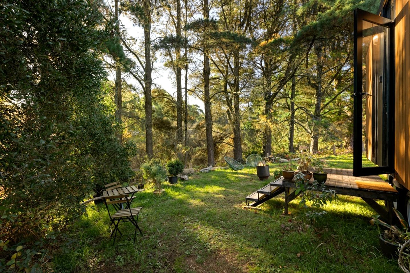 Eine Holzterrasse mit Gartenmöbeln, umgeben von dichtem Wald.