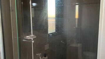 A glass-enclosed shower stall with a handheld showerhead, a handheld shower attachment, and a wall-mounted faucet.