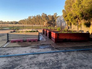 A stable with a dirt floor, wooden steps, and a metal fence.