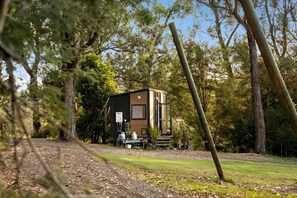 A small cabin with a wooden exterior, surrounded by trees, and a bench in front.