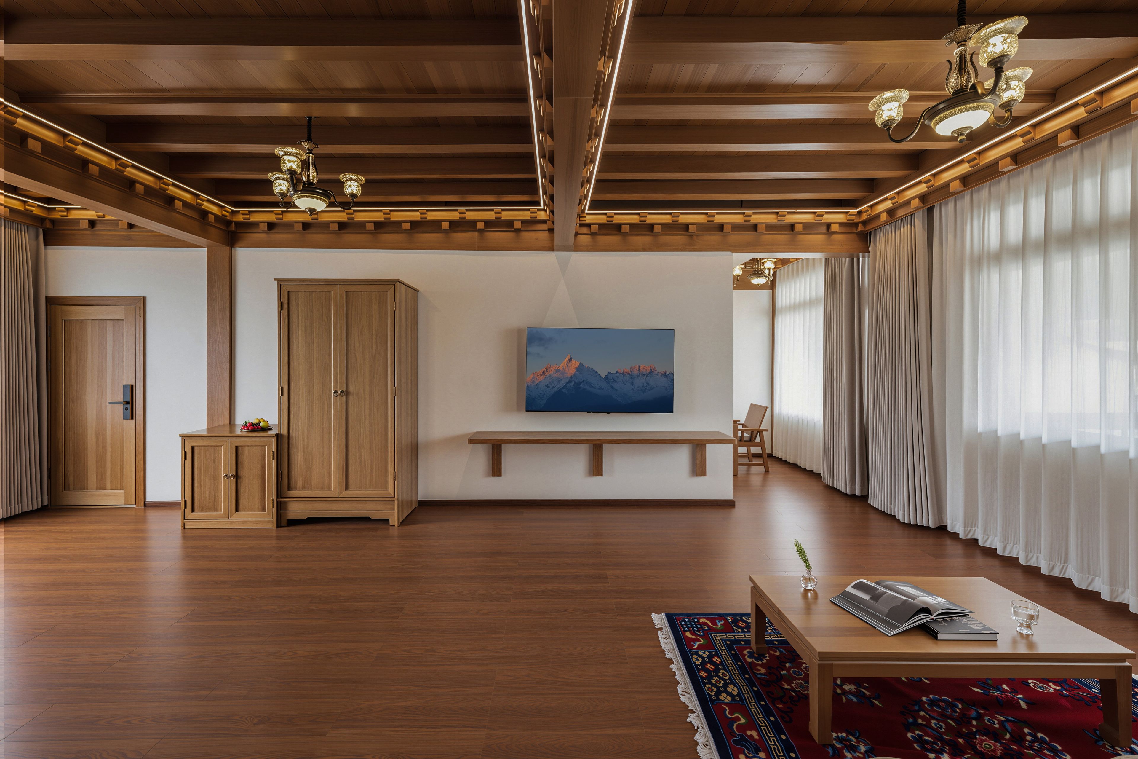 A spacious room with wooden flooring, a large wooden cabinet, a bench, a table with a magazine and glass, and a painting on the wall.
