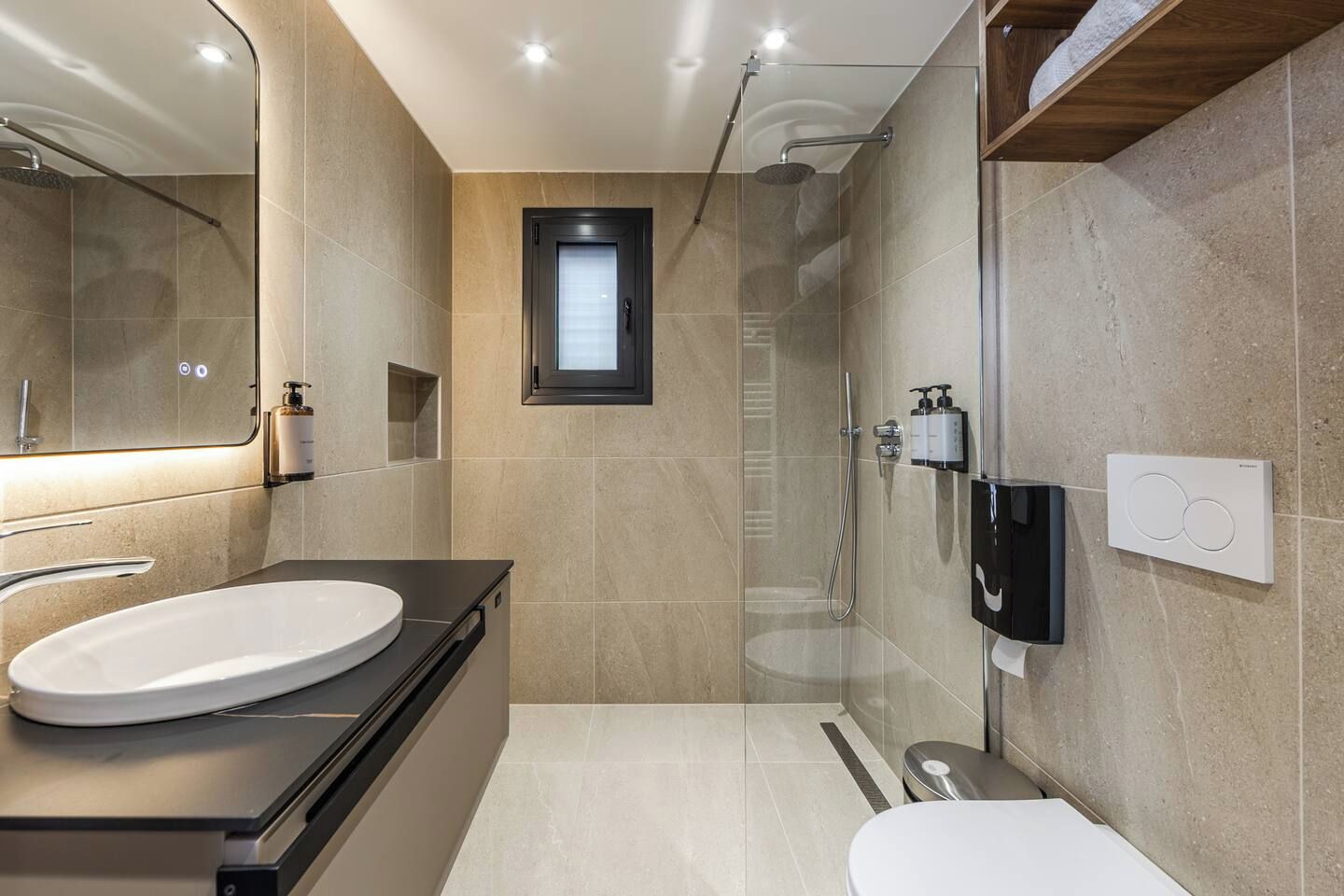 A modern bathroom with a large sink, a glass shower enclosure, and a toilet.