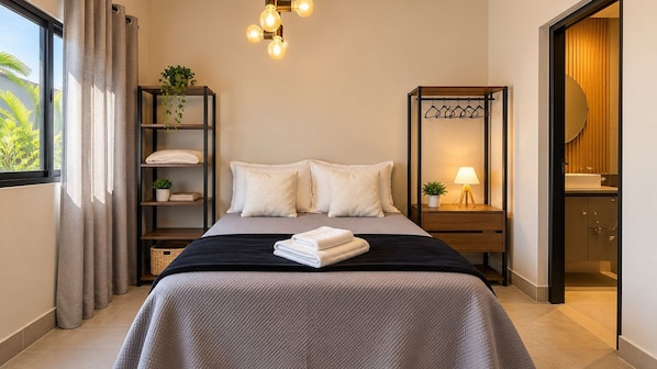 A modern bedroom with a bed, bedside tables, a shelf unit, and a view of the outdoors. - STUDIO 05 (Vinhedo)