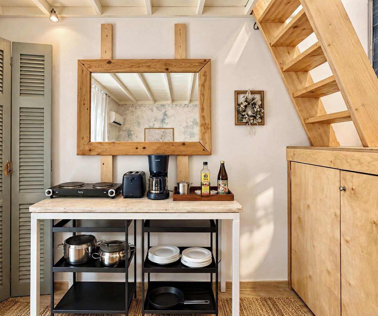 Une cuisine avec une table en bois, une machine à café, un grille-pain, une bouilloire et un placard.