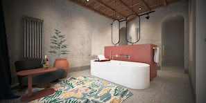 A modern bathroom with a freestanding bathtub, a large mirror, and a potted plant.