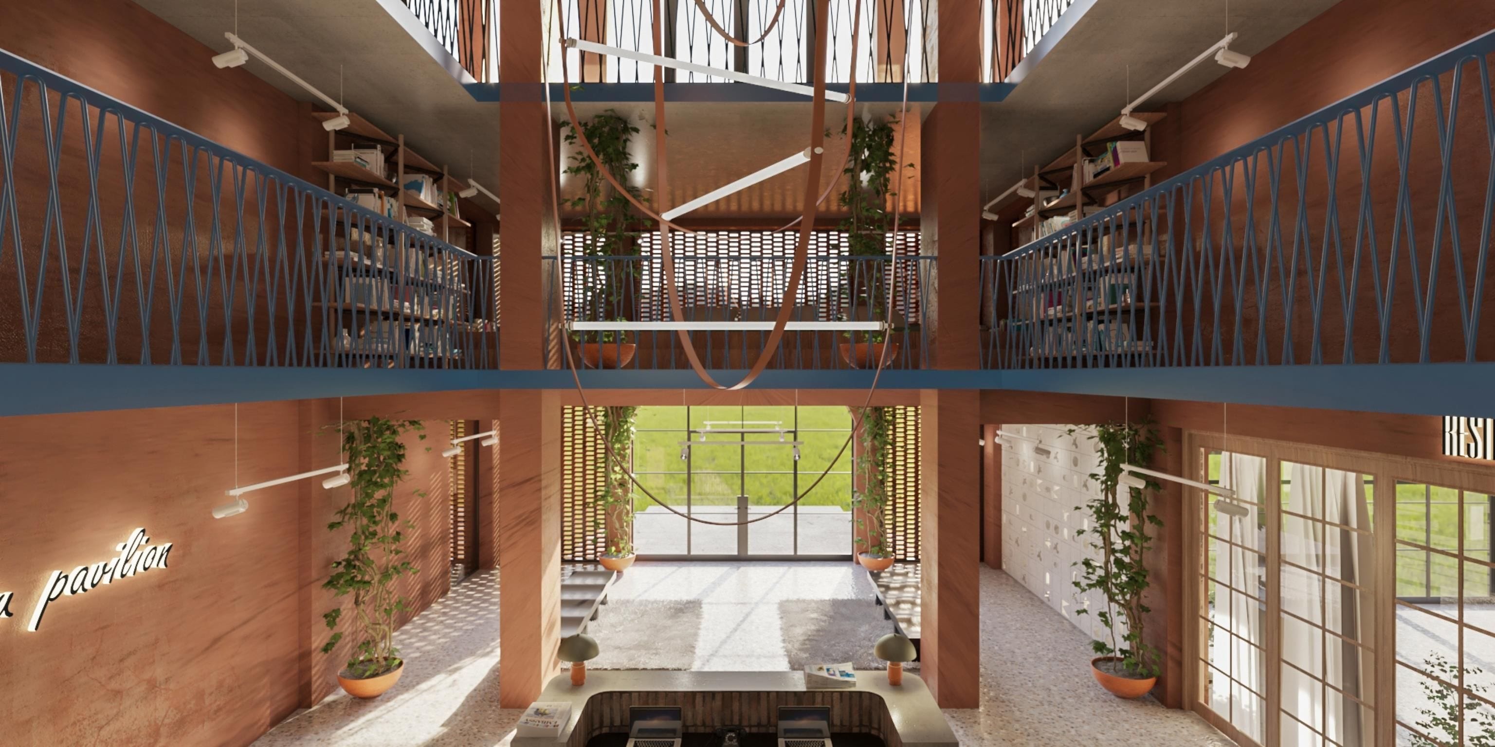 A modern interior with a central atrium, wooden bookshelves, and potted plants.