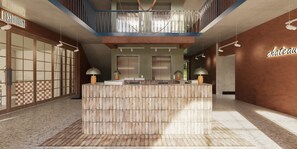 Un área de recepción con una isla central, una escalera y un letrero que dice 'chateau'.