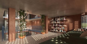A modern interior with a mezzanine level, a bookshelf, and potted plants.