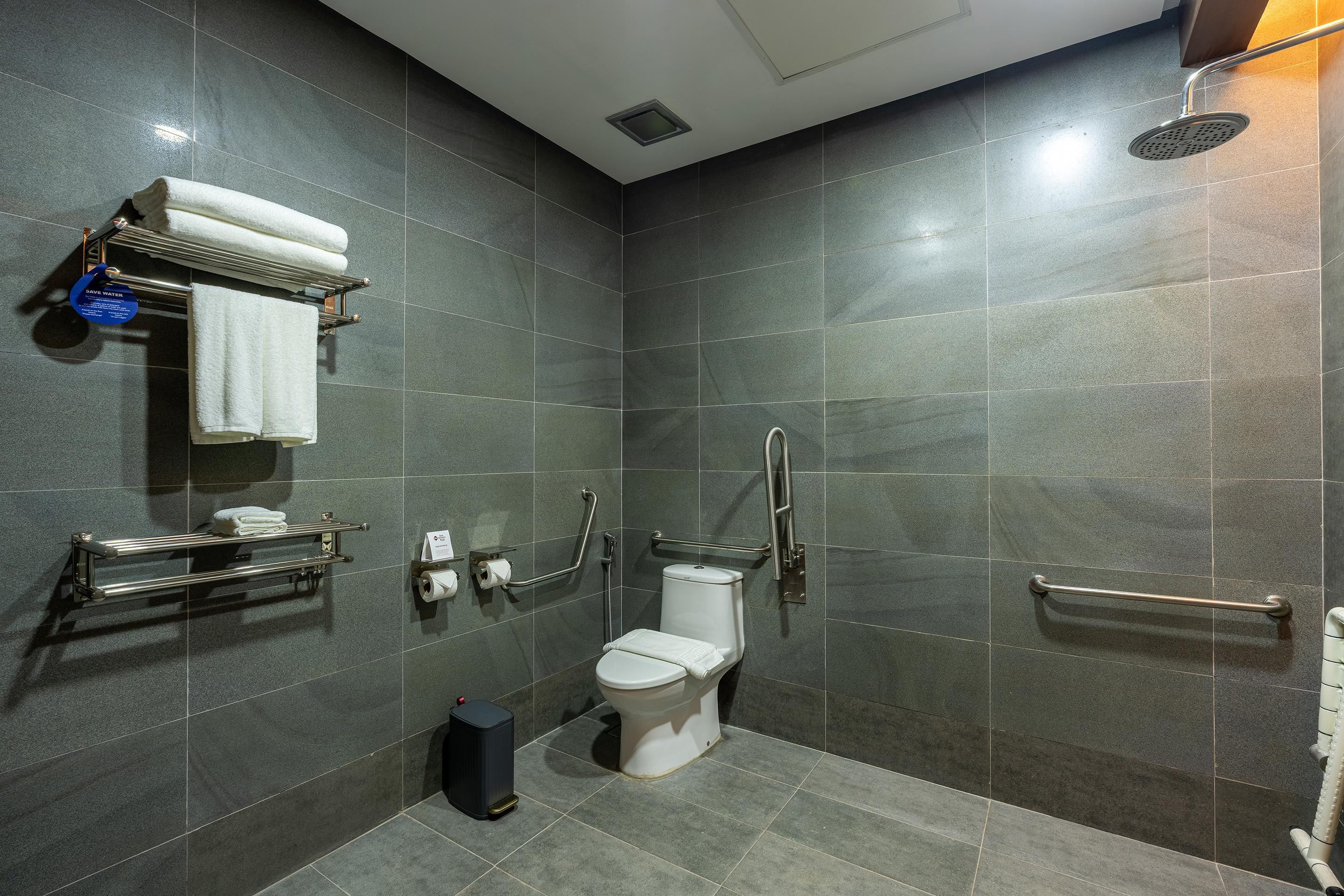 A modern bathroom with a toilet, handrails, a towel rack, and a shower.