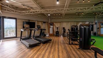 A gym with treadmills, weight machines, and a large mirror.