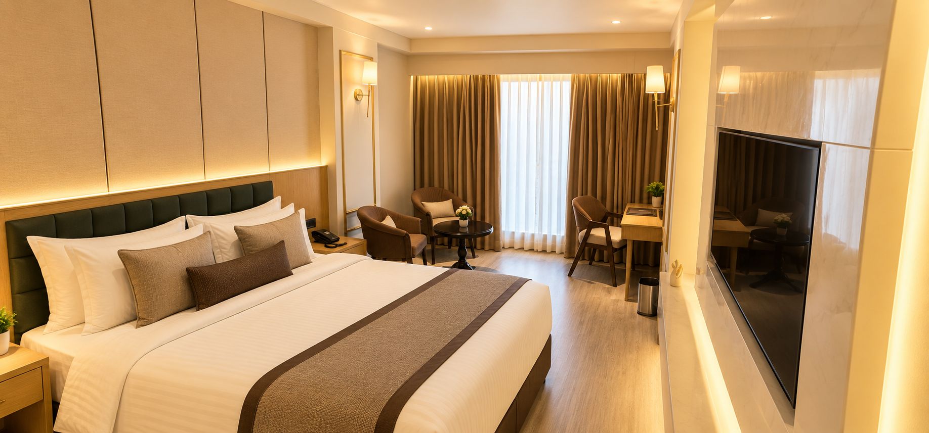 Una habitación de hotel con una cama grande, un escritorio, una silla y un televisor.