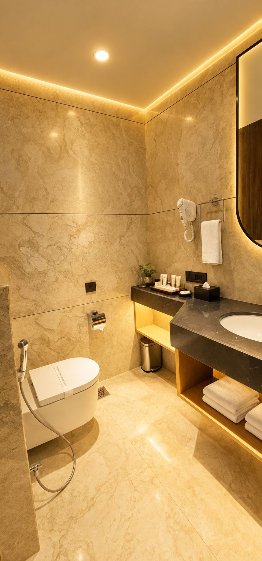 A modern bathroom with a marble floor, a white sink, a mirror, and a towel rack.