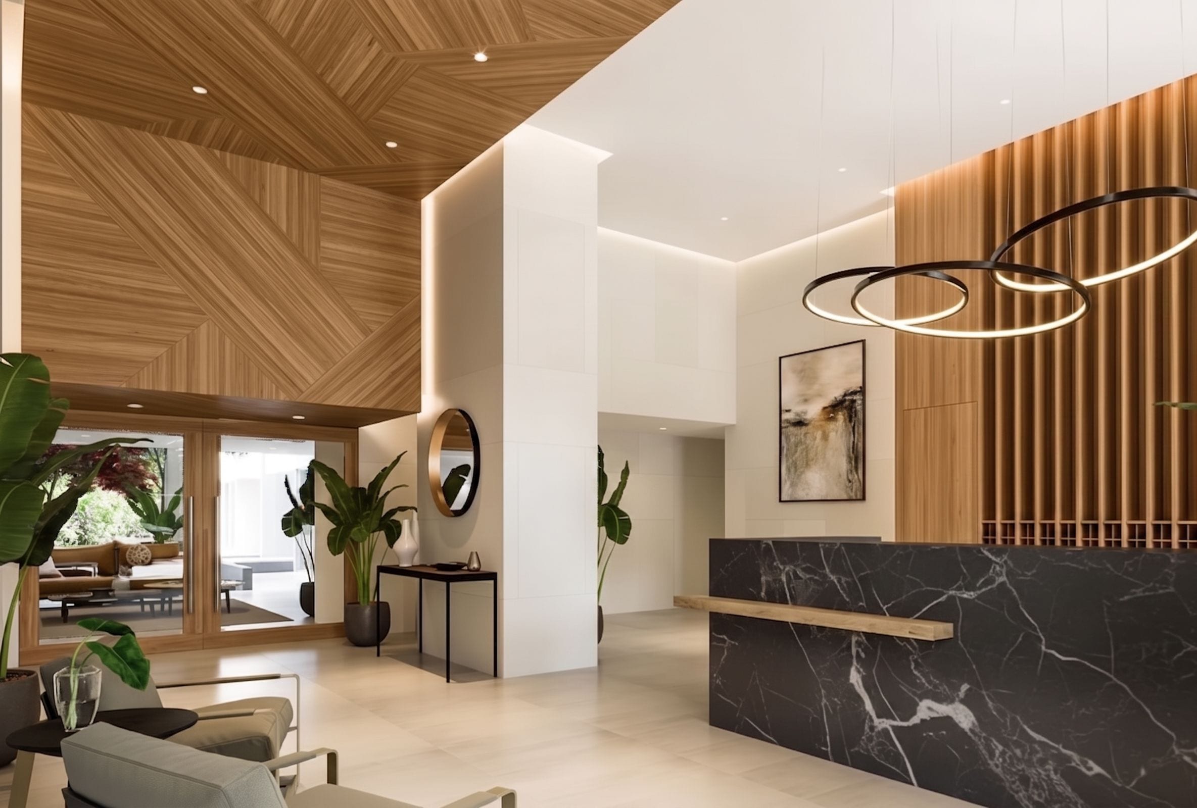 A modern reception area with a wooden ceiling, marble reception desk, and a large window.