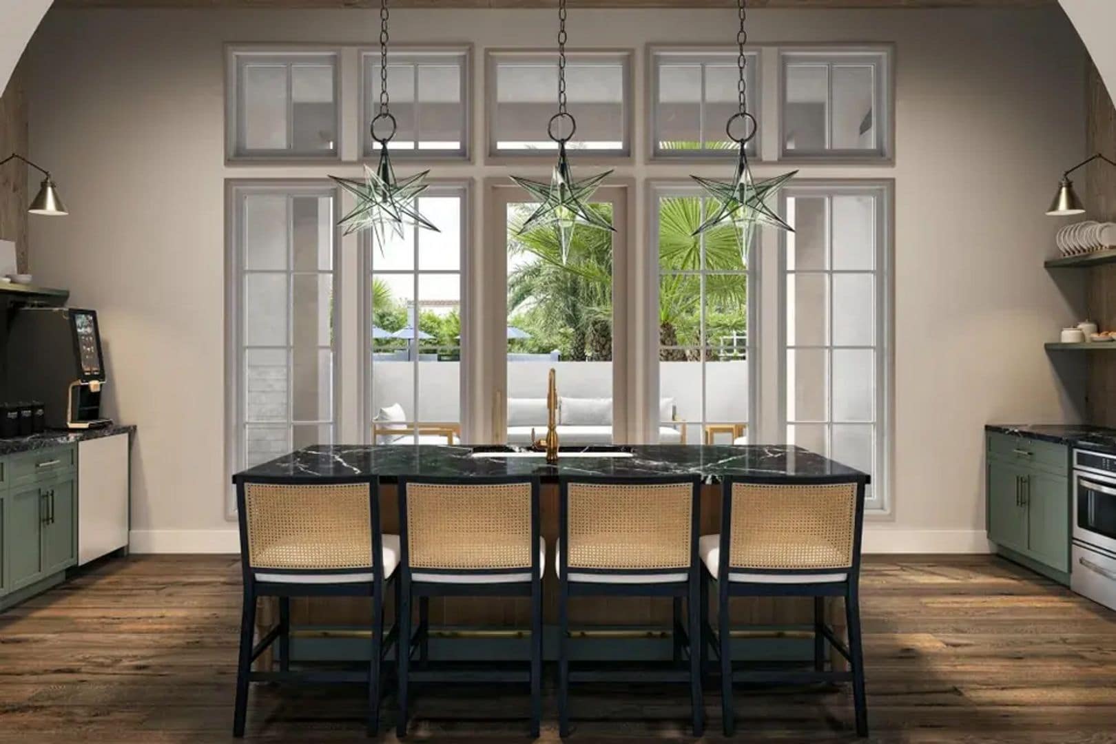 A kitchen with a marble island, wicker chairs, and a coffee machine.