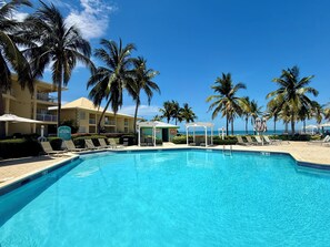 Une piscine d’eau cristalline, bordée de palmiers et de chaises longues, avec un bâtiment visible au loin.