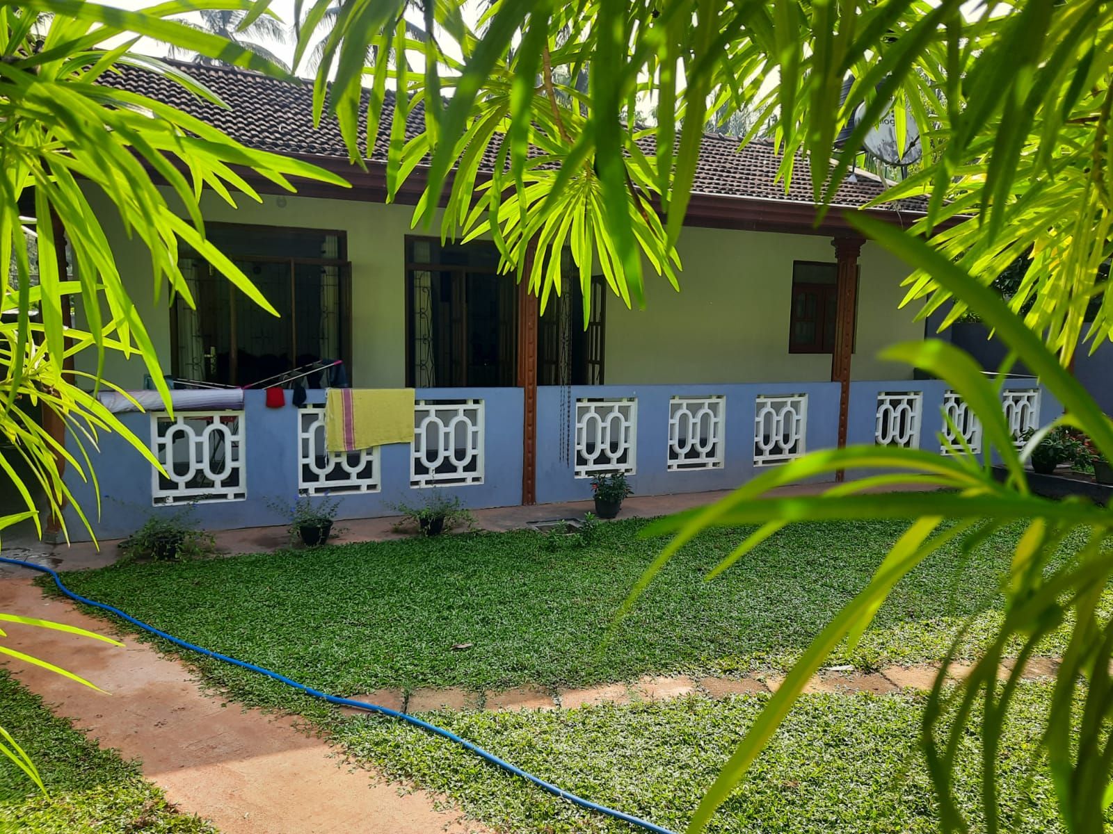 Un edificio residencial con techo de tejas, fachada azul con marcos de ventanas blancos decorativos y un césped bien cuidado.