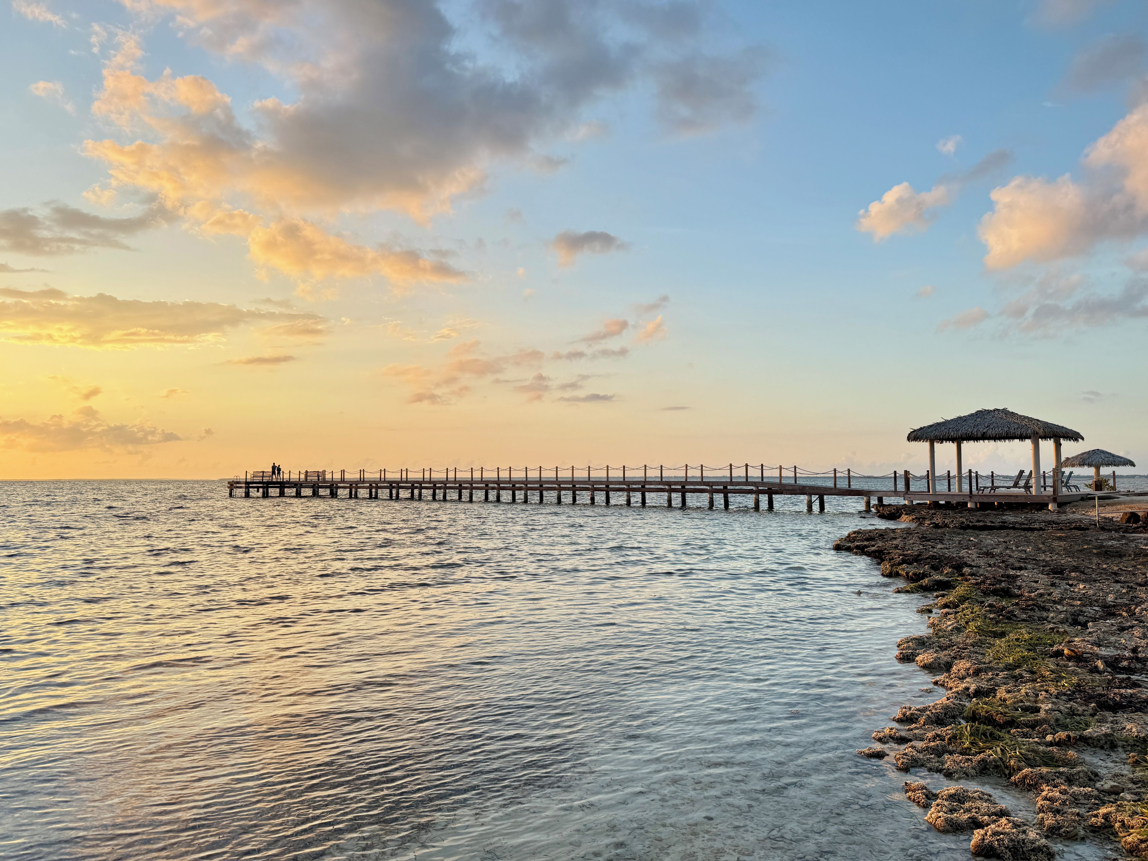 Wander along the rocky shore beside a serene pier.