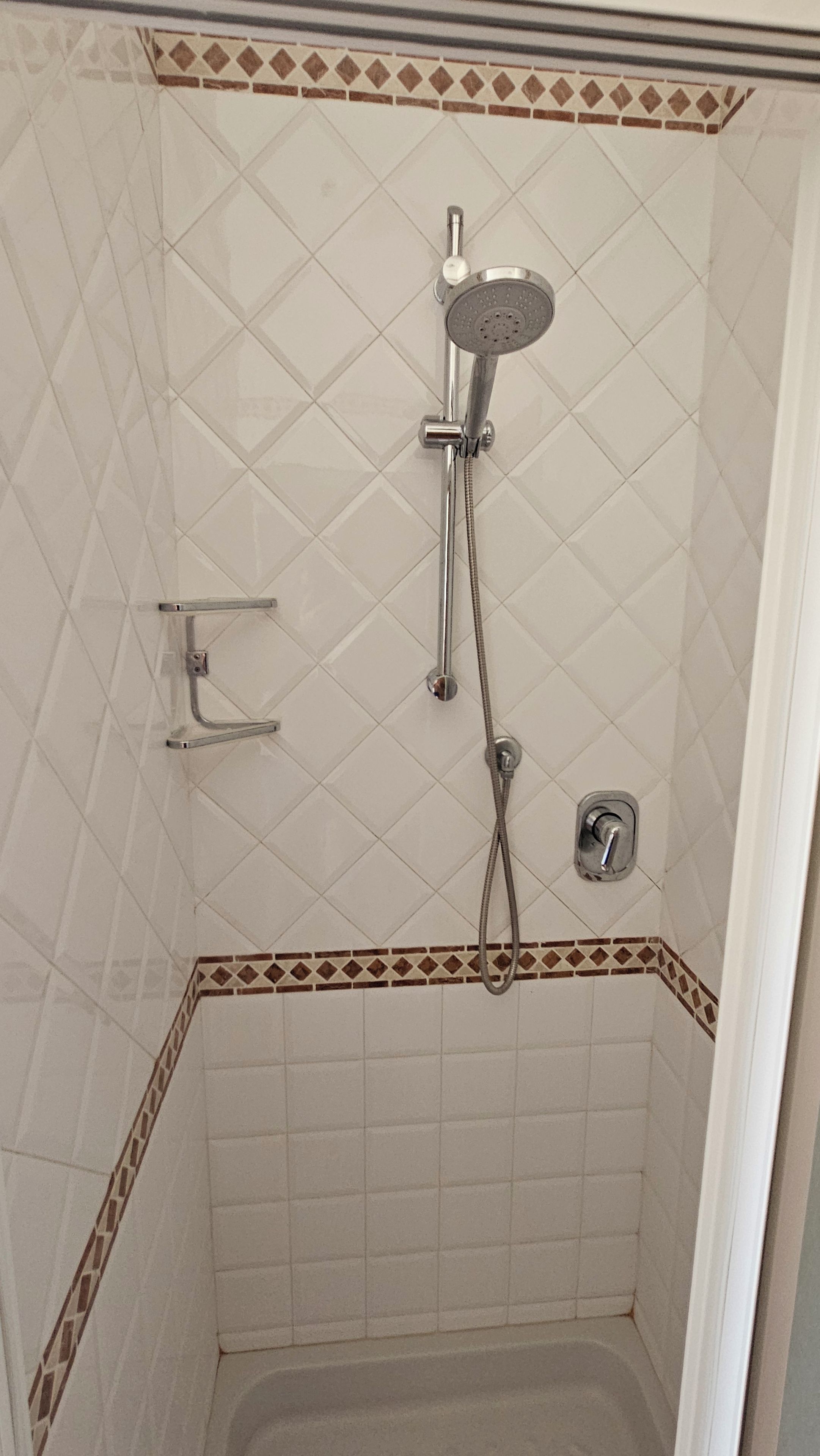 Ducha con cabezal de ducha manual, grifo de ducha de mano y mandos montados en la pared.