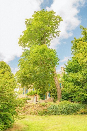 A stone building with a large tree in front, surrounded by lush greenery. - L'Aposée, a country house in Normandy, where nature meets creative experiences (Thury-Harcourt-le-Hom)
