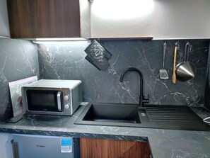 A kitchen with a microwave, sink, and a cabinet labeled 'Candy'. - Charming apartment - 5 guests (Pralognan-la-Vanoise)
