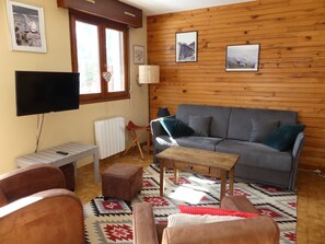 A cozy living room with a grey sofa, a television, a radiator, and a patterned rug. - Charming apartment - 5 guests (Pralognan-la-Vanoise)