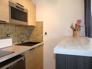 A modern kitchen with a built-in microwave, stainless steel sink, and a wooden countertop. - Apartment with wifi, pets welcome - 5 guests (Pralognan-la-Vanoise)
