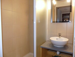 A bathroom with a shower, a sink, and a mirror. - Central studio cabin, pets welcome - 4 guests (Pralognan-la-Vanoise)