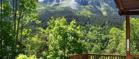 A wooden deck with a view of a mountainous landscape.