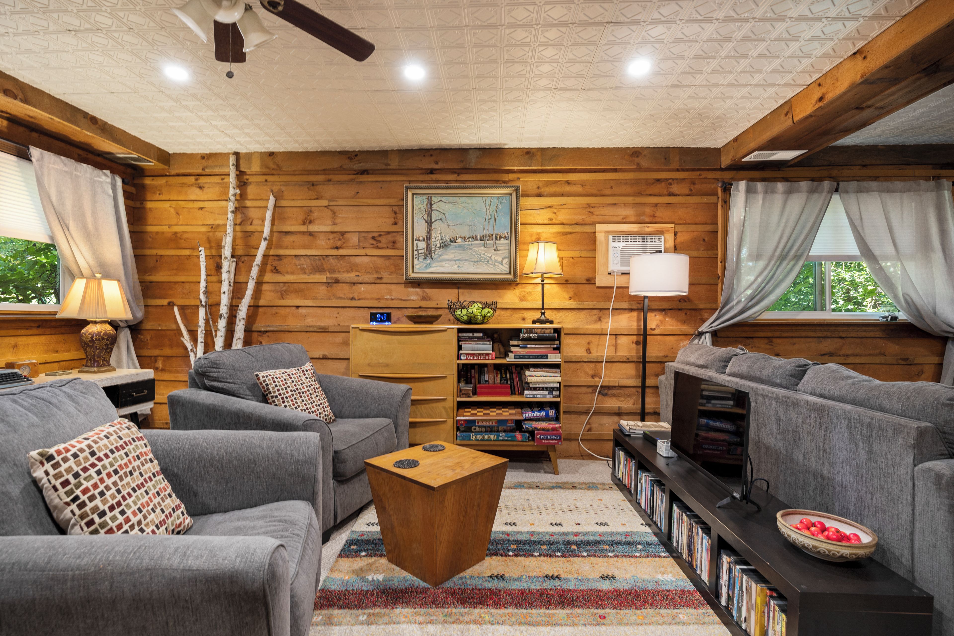 A cozy living room with a fireplace, a bookshelf, and a television.