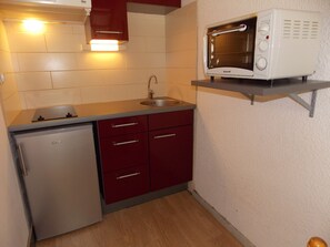 Une cuisine compacte équipée d’un four à micro-ondes encastré, d’un petit réfrigérateur et d’un évier.