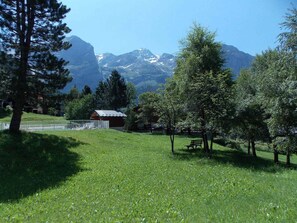 Ein grünes Feld mit einer Bank und einem kleinen Gebäude, umgeben von Bäumen und Bergen im Hintergrund.