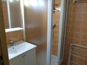 Ein Badezimmer mit einem weißen Waschbecken, einem Spiegel und einer Duschkabine.
