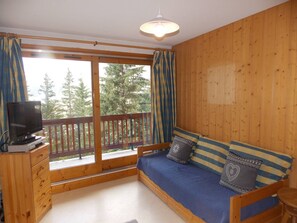 A cozy cabin room with a wooden interior, a sofa with patterned cushions, a television on a wooden cabinet, and a large window offering a view of trees. - Sunny apartment - 4 guests (Pralognan-la-Vanoise)
