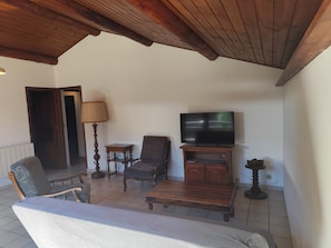A living room with a wooden ceiling, a television on a stand, a sofa, a chair, a small table, and a lamp. - Balcon du Pontillas, garden, ski/bike storage, 400 m from slopes, shuttle 100 m (La Salle-les-Alpes)