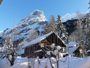 Eine Holzhütte mit schneebedecktem Dach, umgeben von schneebedeckten Bäumen und Bergen im Hintergrund.
