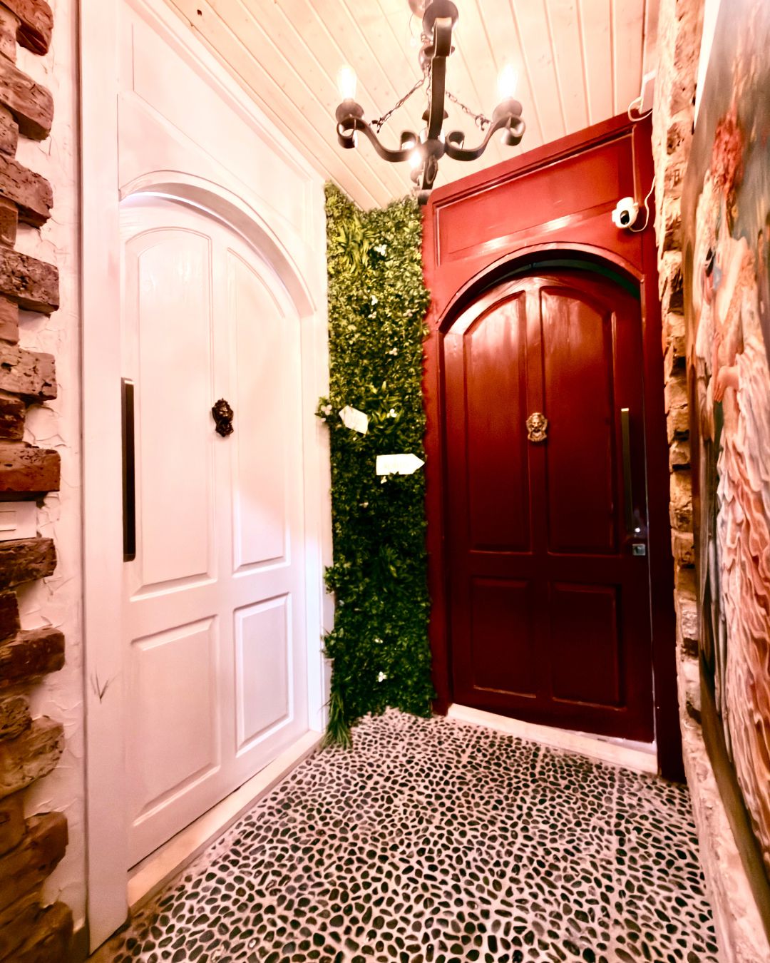 A hallway with a white door, a red door, and a green wall with foliage.
