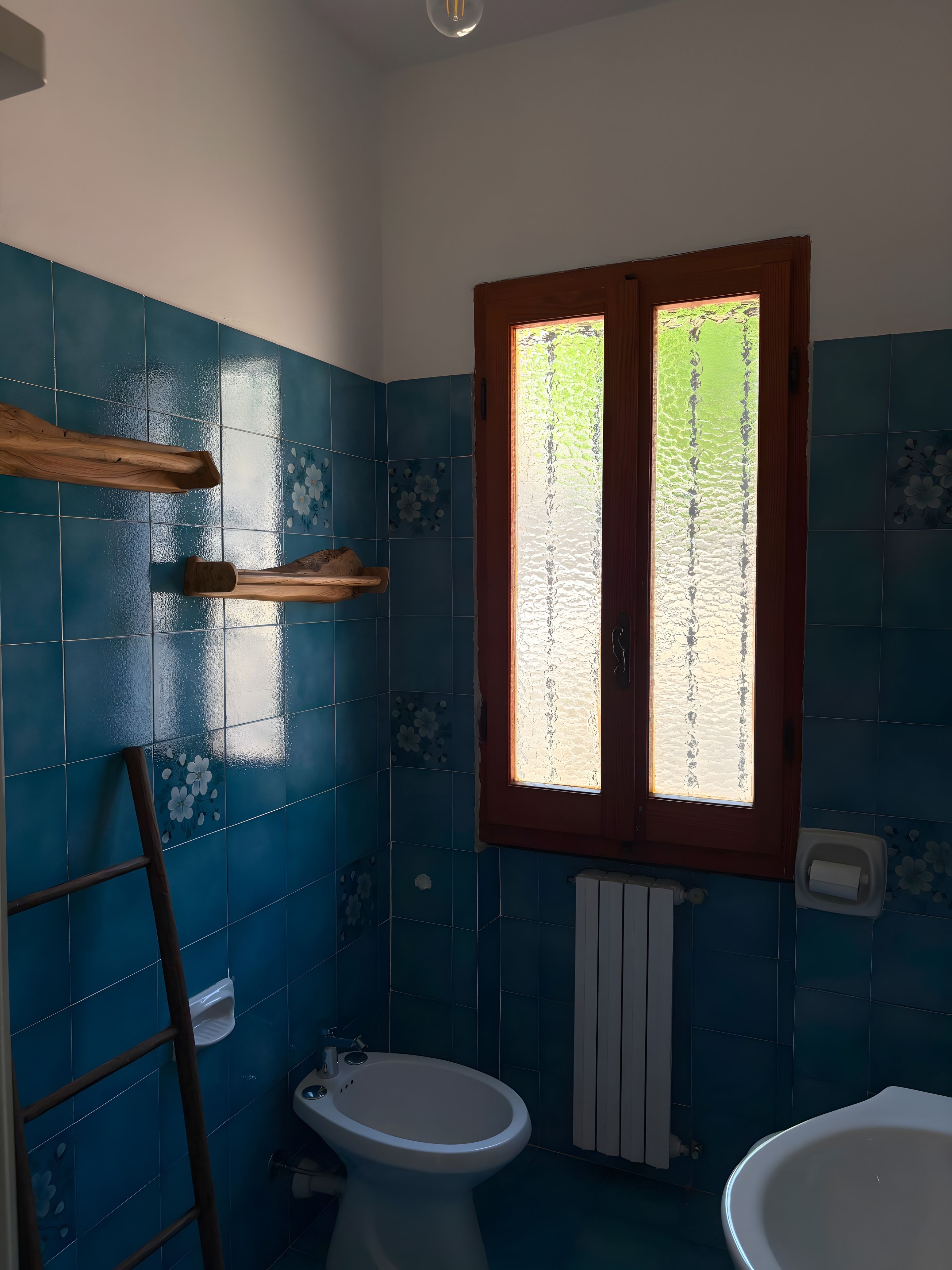 Une salle de bain avec des carreaux bleus, une étagère en bois, une fenêtre, des toilettes et un bidet.
