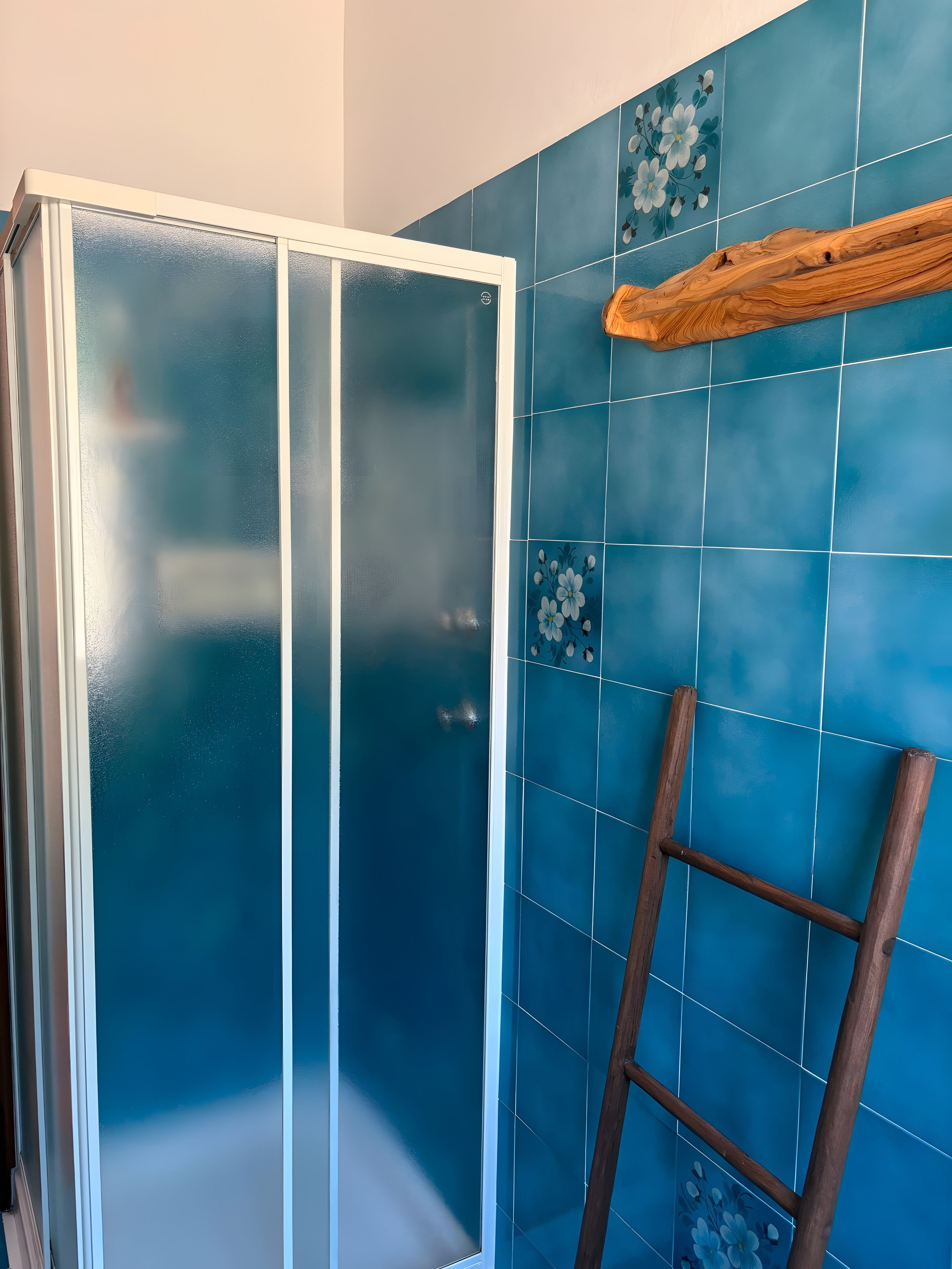 Une salle de bain avec une douche à parois de verre, des murs recouverts de carreaux bleus et une échelle en bois.