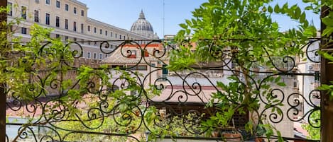 A view through a wrought iron fence with buildings in the background, including a prominent dome structure.