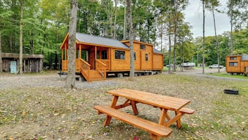 A rustic cabin with a porch, a picnic table, and a small shed in a wooded area.