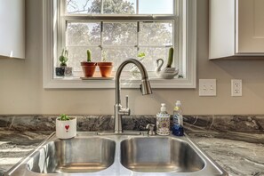 A kitchen with a double stainless steel sink, a window with a view of trees, and potted plants on the windowsill.