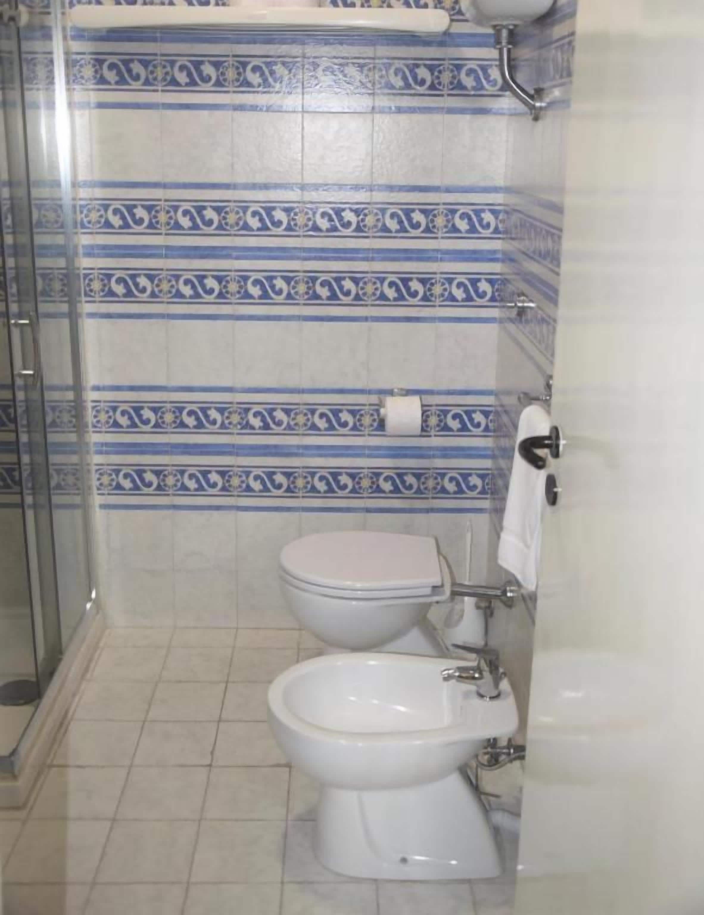 A bathroom with a shower enclosure, a toilet, and a bidet.
