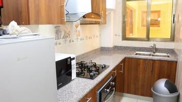 A compact kitchen with a gas stove, oven, and a stainless steel sink.
