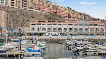 Un port de plaisance où sont amarrés de nombreux bateaux, un grand bâtiment à la façade blanche et aux fenêtres en arc de cercle, et un paysage vallonné en arrière-plan, parsemé de bâtiments résidentiels.