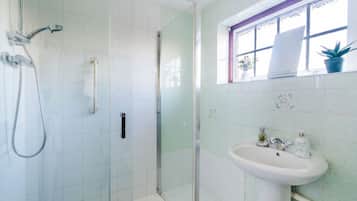 A bathroom with a glass-enclosed shower, a white sink, and a window with a view.