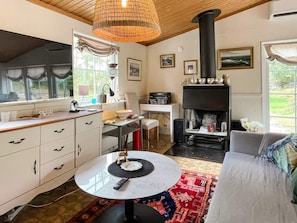 A cozy living room with a fireplace, a dining area with a table and chairs, and a kitchen with cabinets and a window. - 6 Person Holiday Home in Figeholm (Figeholm)