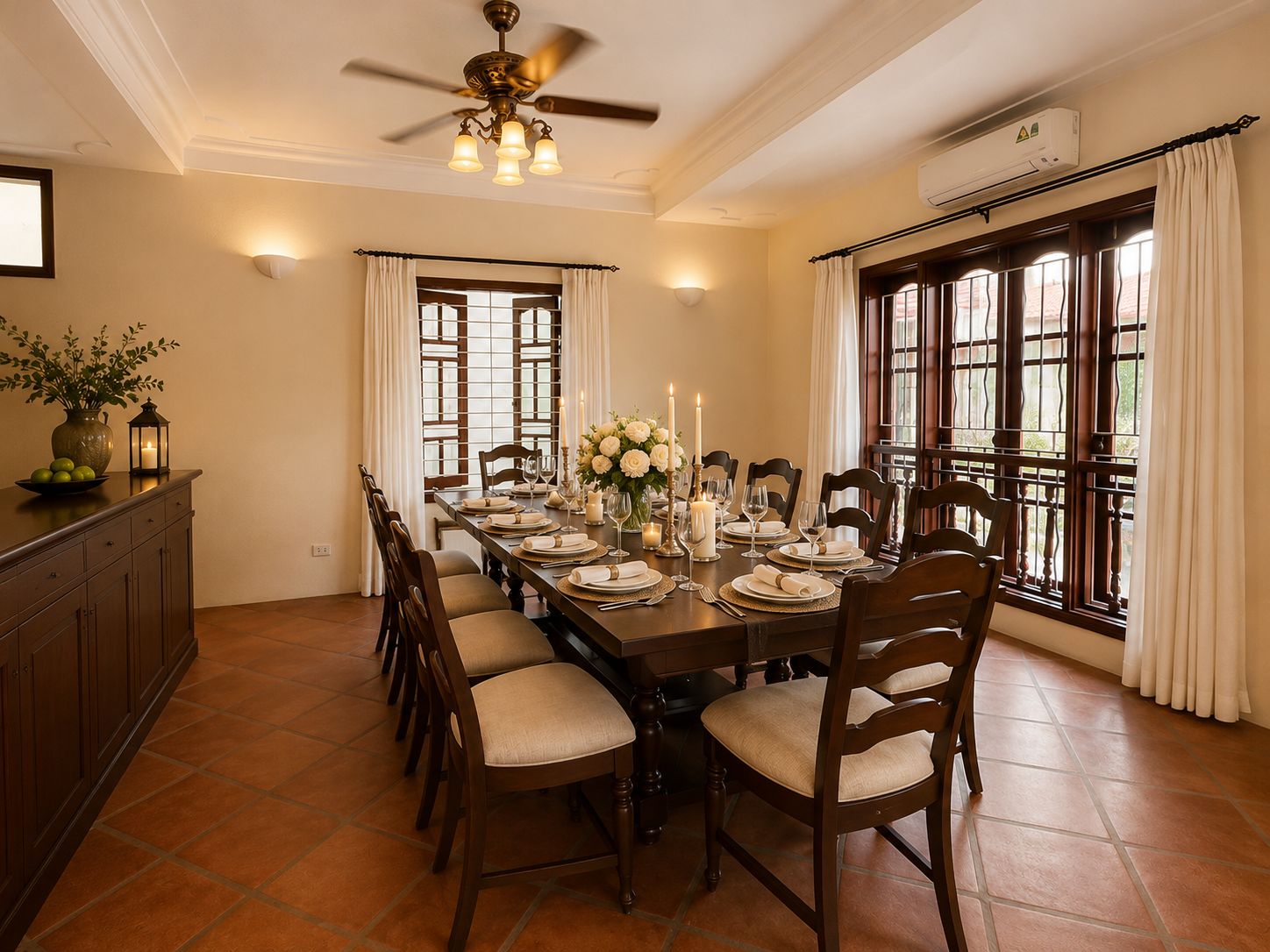 Une salle à manger avec une longue table dressée pour six personnes, des chaises en bois, un ventilateur de plafond et de grandes fenêtres avec des rideaux.