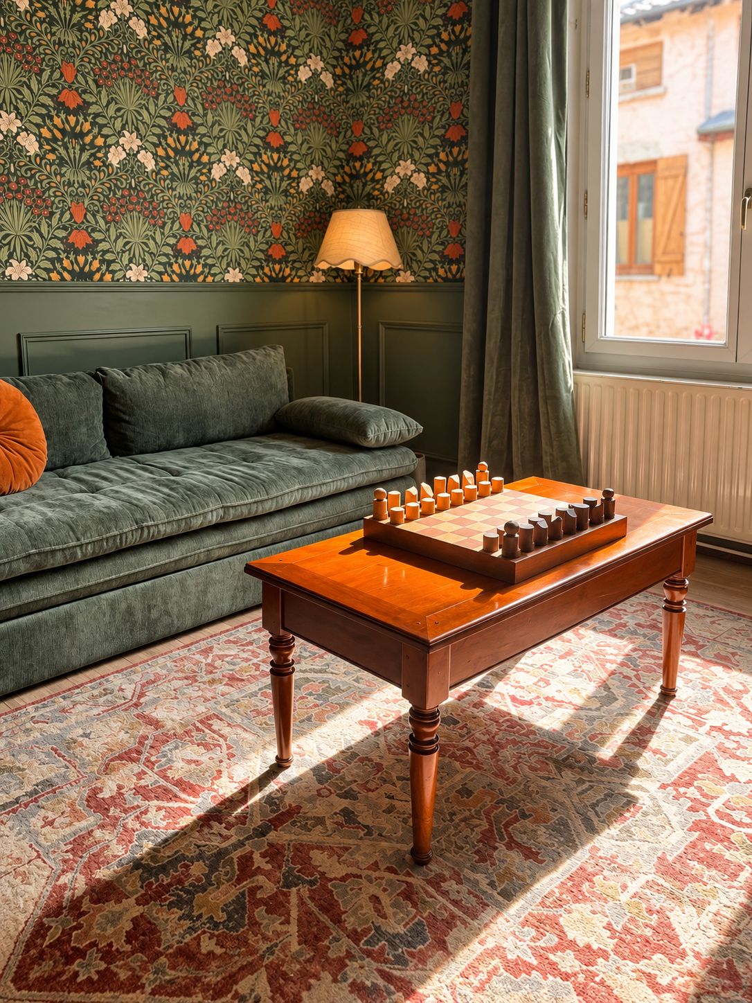 A room with a sofa, a wooden table with a checkered game, and a patterned carpet.